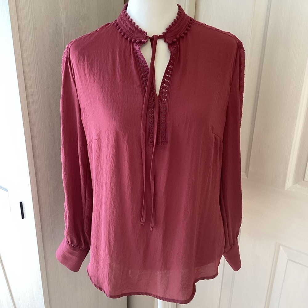 Soho Burgundy Tie-Neck Pom-Trim Blouse